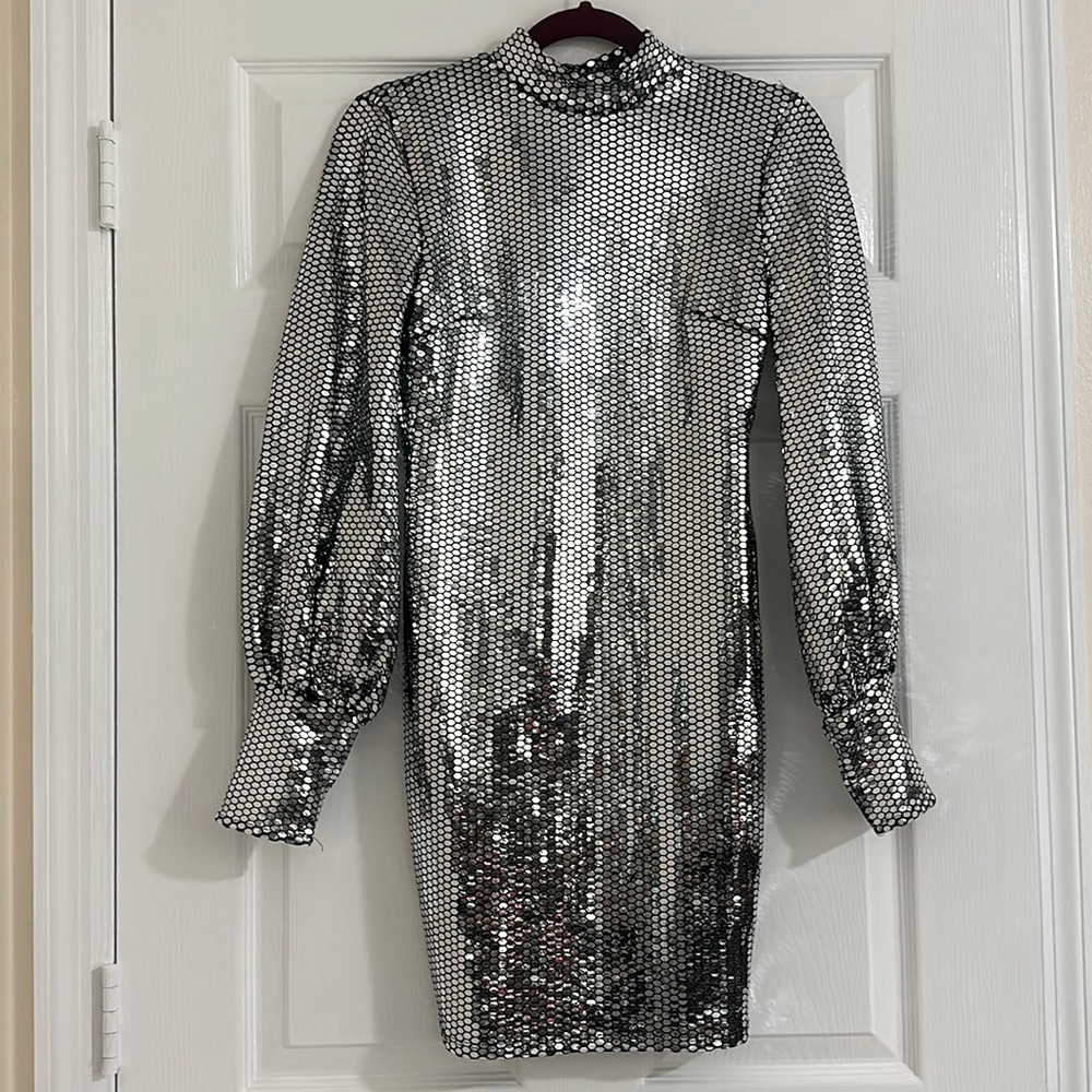 Silver Disco long sleeve mini dress.